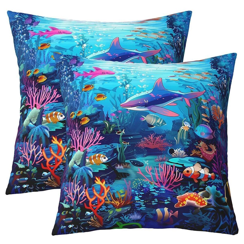6638 Shark Throw Pillow Covers 16"x16"Set of 2 Soft Ocean Sea Animal Pillow